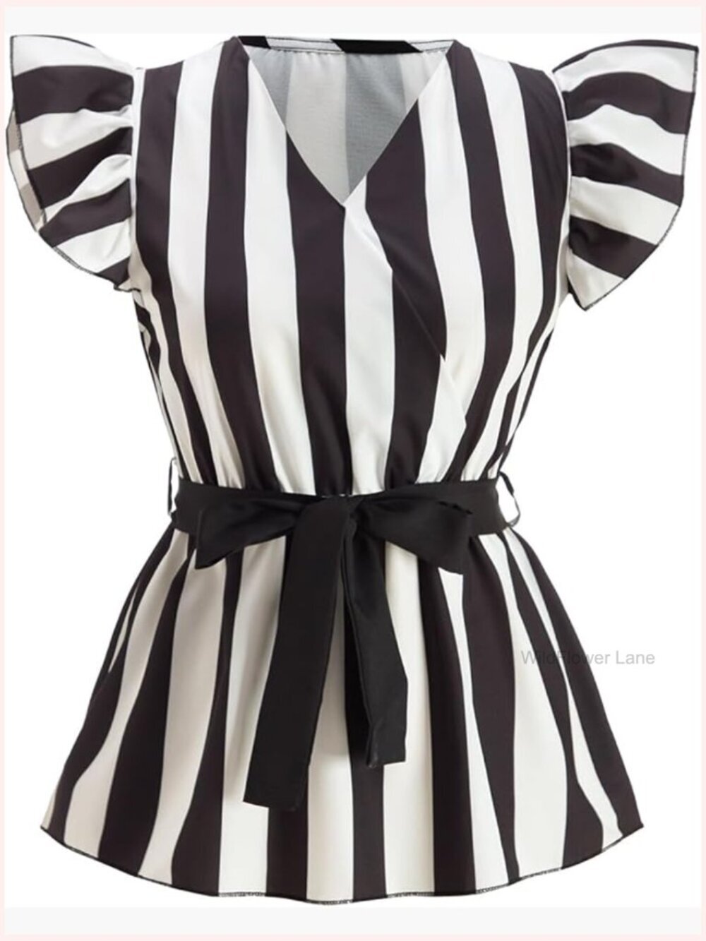 Striped Ruffle Sleeve Blouse Wrap V Neck Belted Work Office Shirt